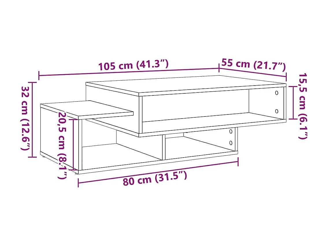 Table basse chêne artisanal 105x55x32 cm bois d'ingénierie