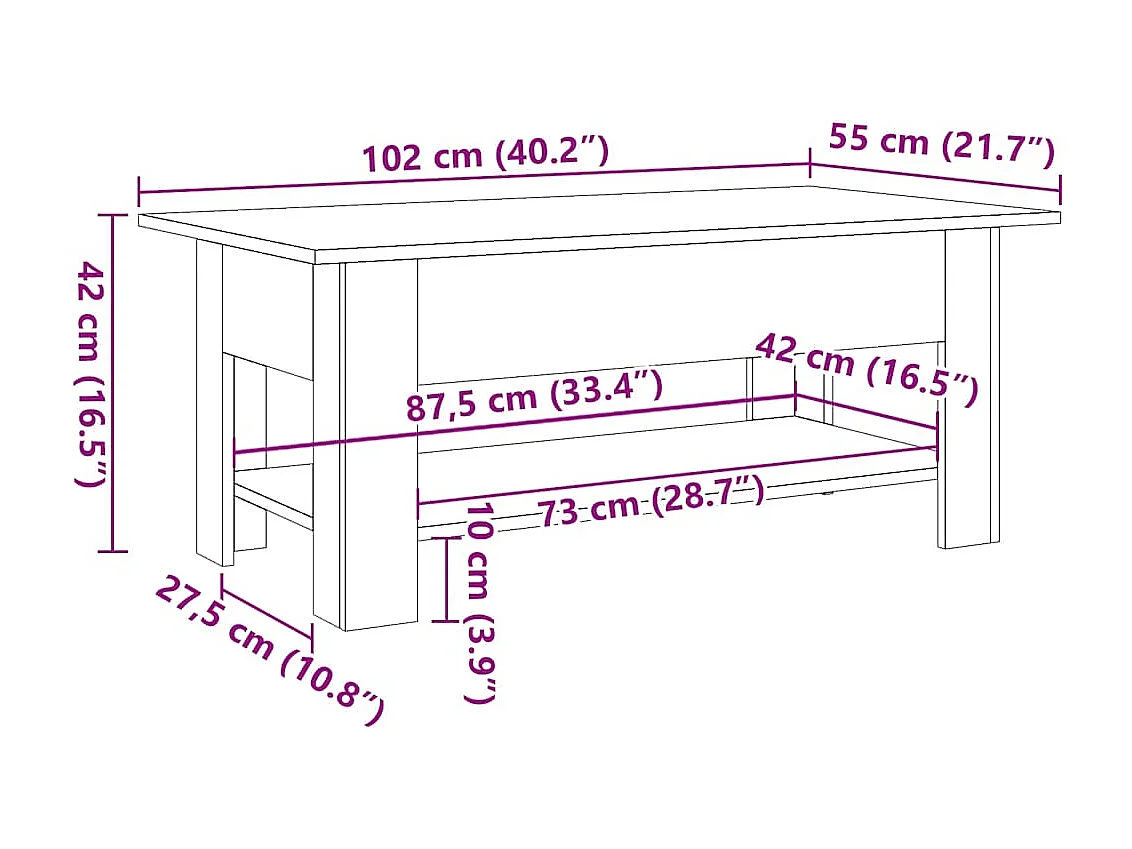 Salontafel 102x55x42 cm bewerkt hout artisanaal eikenkleur