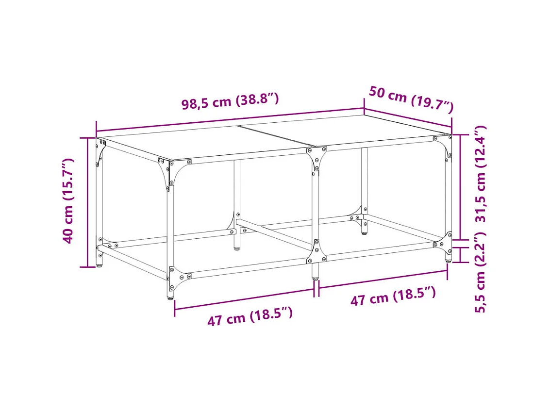 Table basse avec dessus en verre noir 98,5x50x40 cm acier