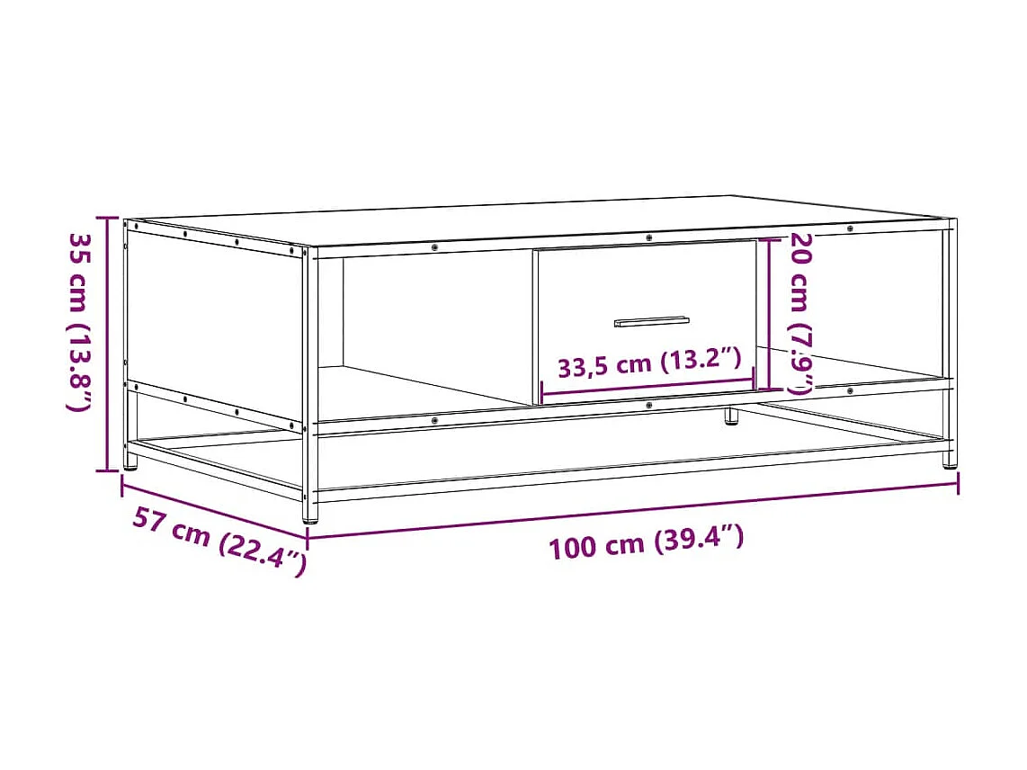 Table basse chêne marron 100x57x35cm bois d'ingénierie et métal