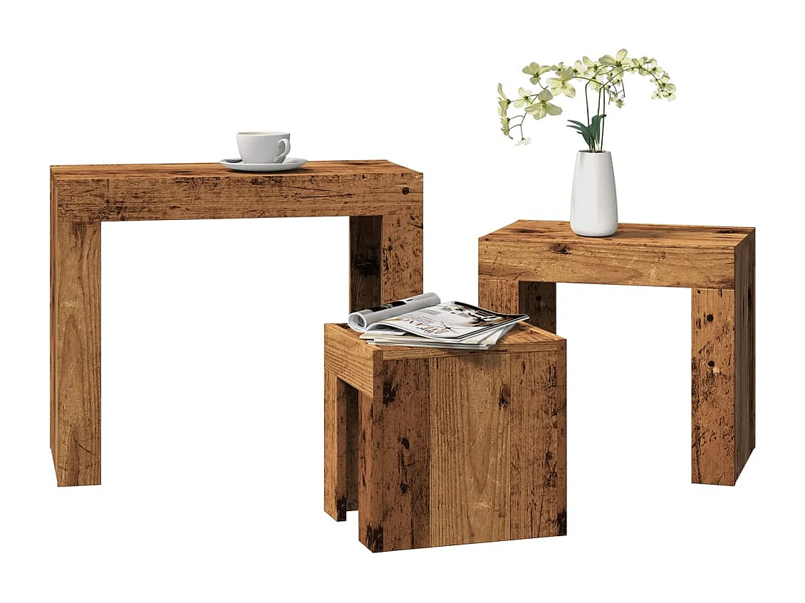 3-delige Tafeltjesset bewerkt hout oud houtkleurig