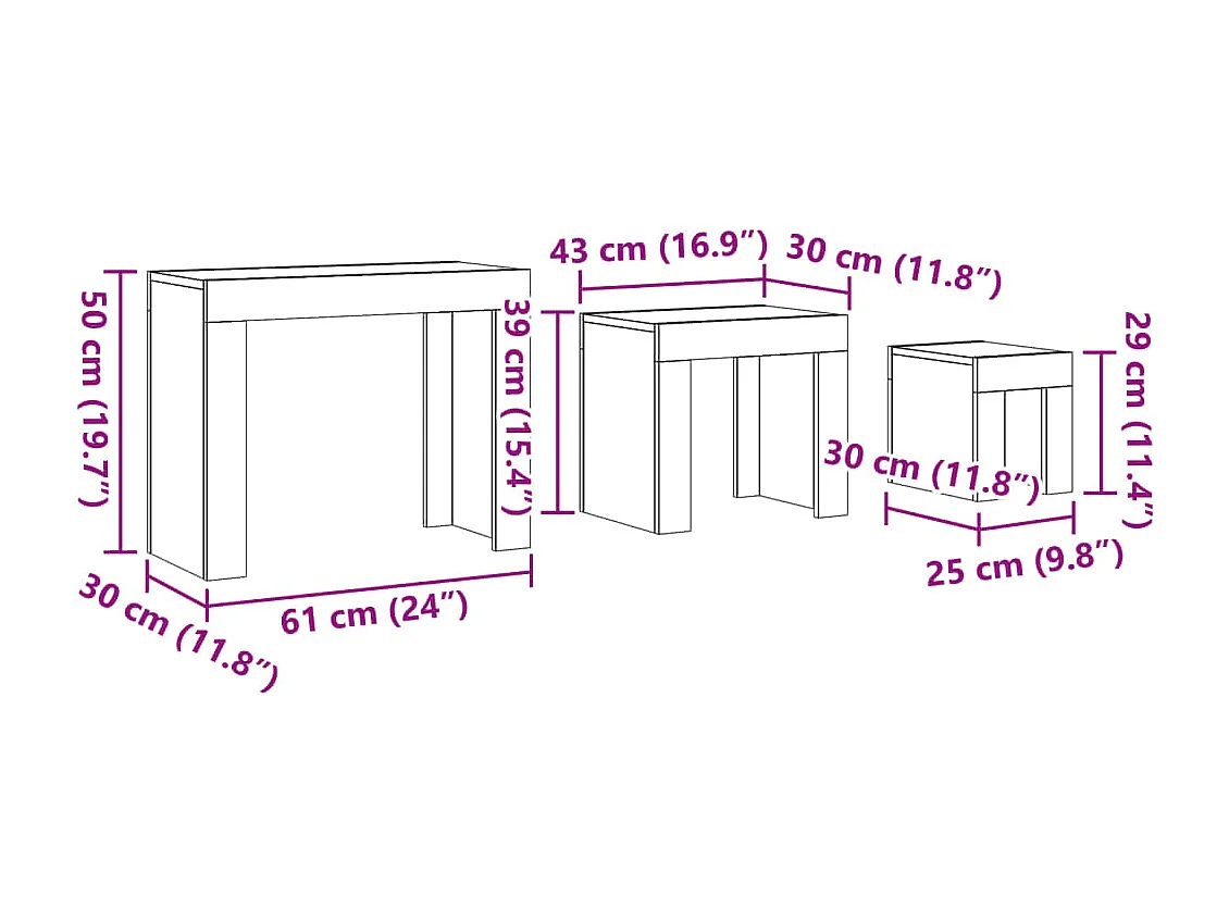 3-delige Tafeltjesset bewerkt hout oud houtkleurig