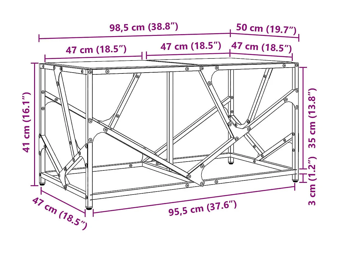 Table basse avec dessus en verre noir 98,5x50x41 cm acier