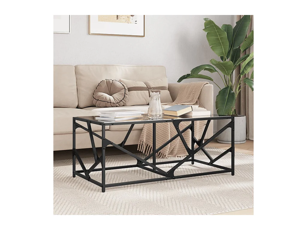 Table basse avec dessus en verre noir 98,5x50x41 cm acier
