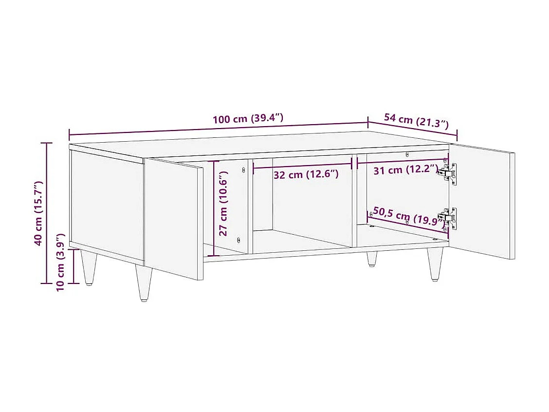 Mesa de centro de madera maciza mango 100x54x40 cm