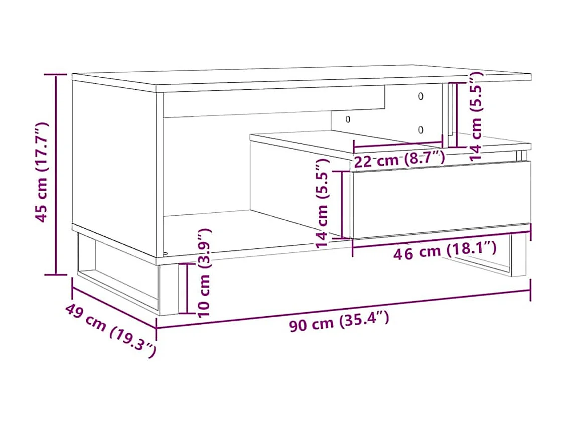 Table basse chêne artisanal 90x49x45 cm bois d'ingénierie