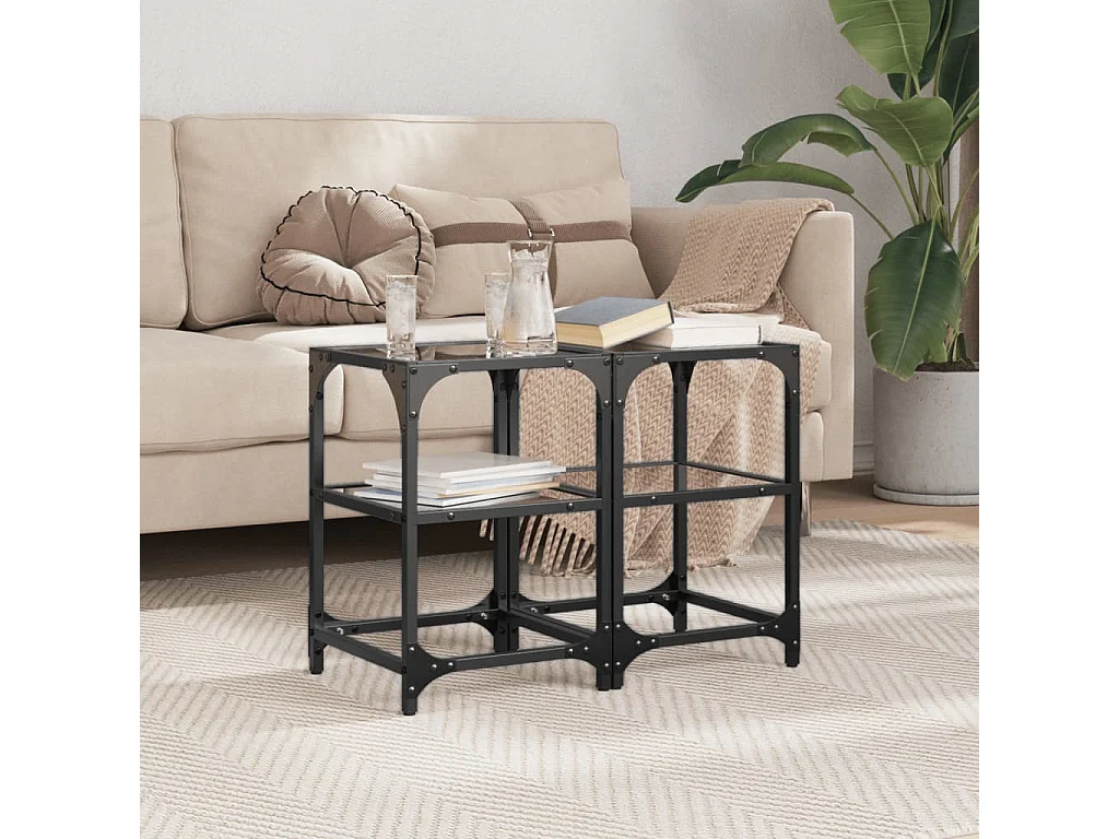 Salontafels 2 st met zwart glazen blad 30x30x45 cm staal