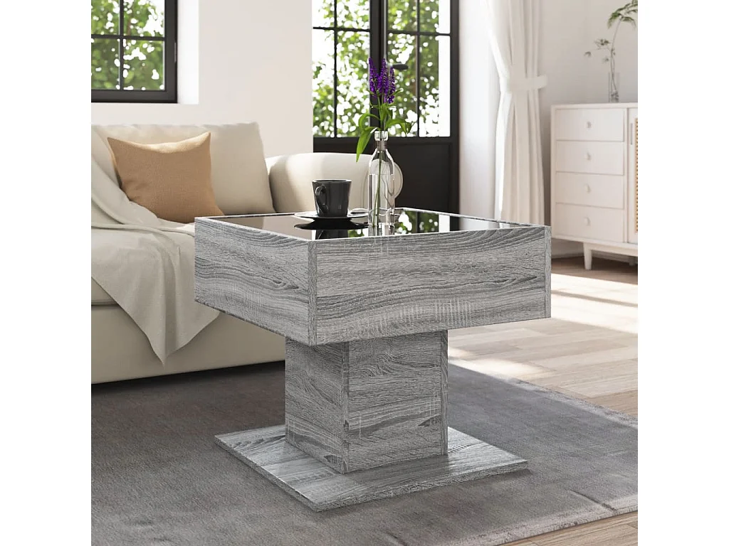 Salontafel met LED 50x50x45 cm bewerkt hout grijs sonoma eiken