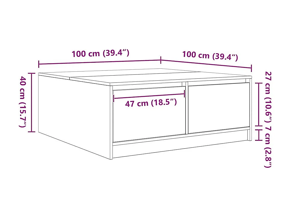 Table basse avec tiroirs chêne marron 100x100x40 cm