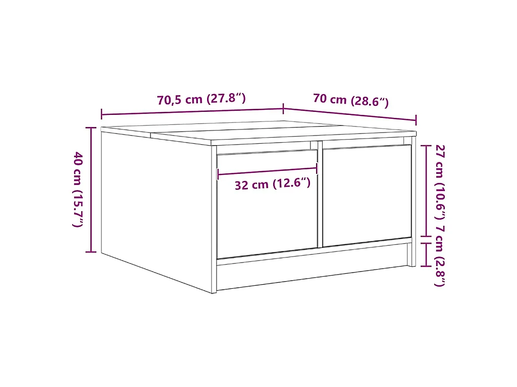Table basse avec tiroirs vieux bois 70,5x70x40 cm