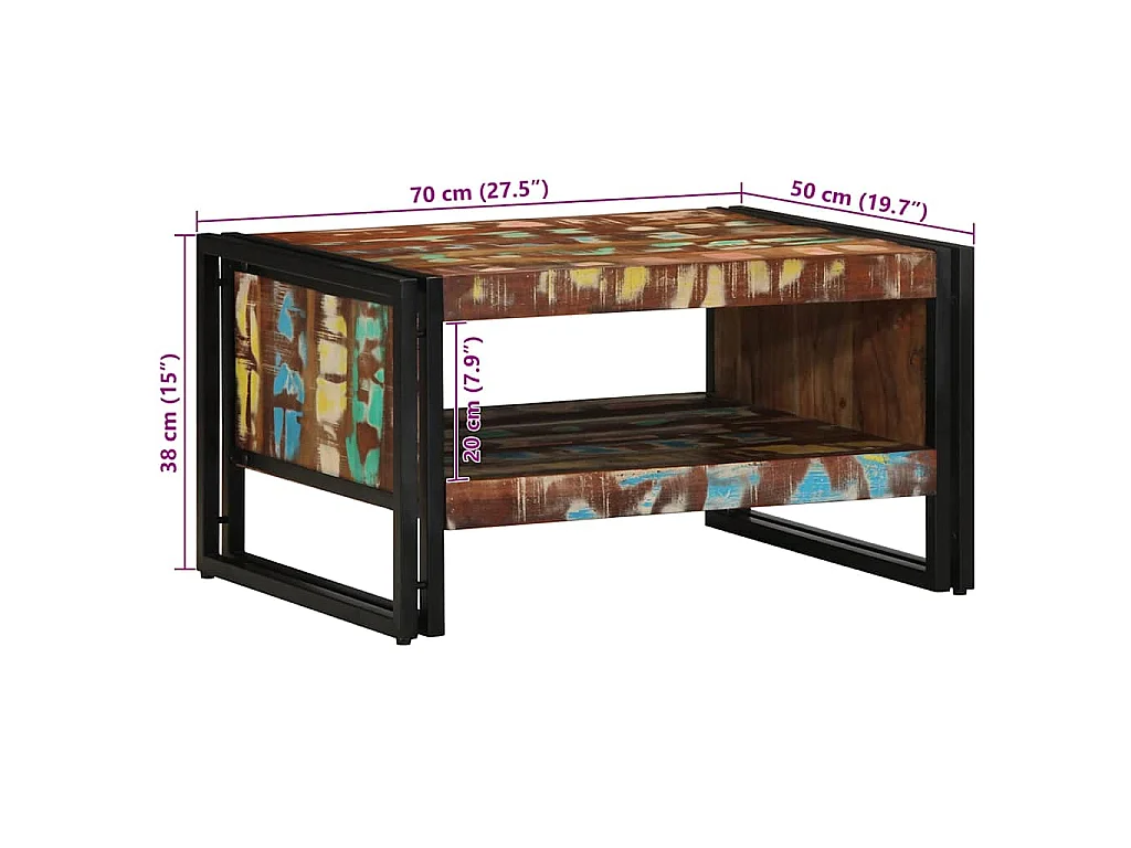 Table basse multicolore 70x50x38 cm bois de récupération massif