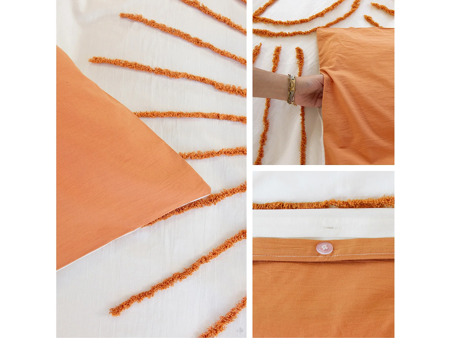 Parure de lit 2 pièces enfant SOLEZ 140x200 cm pur coton tufté blanc et orange