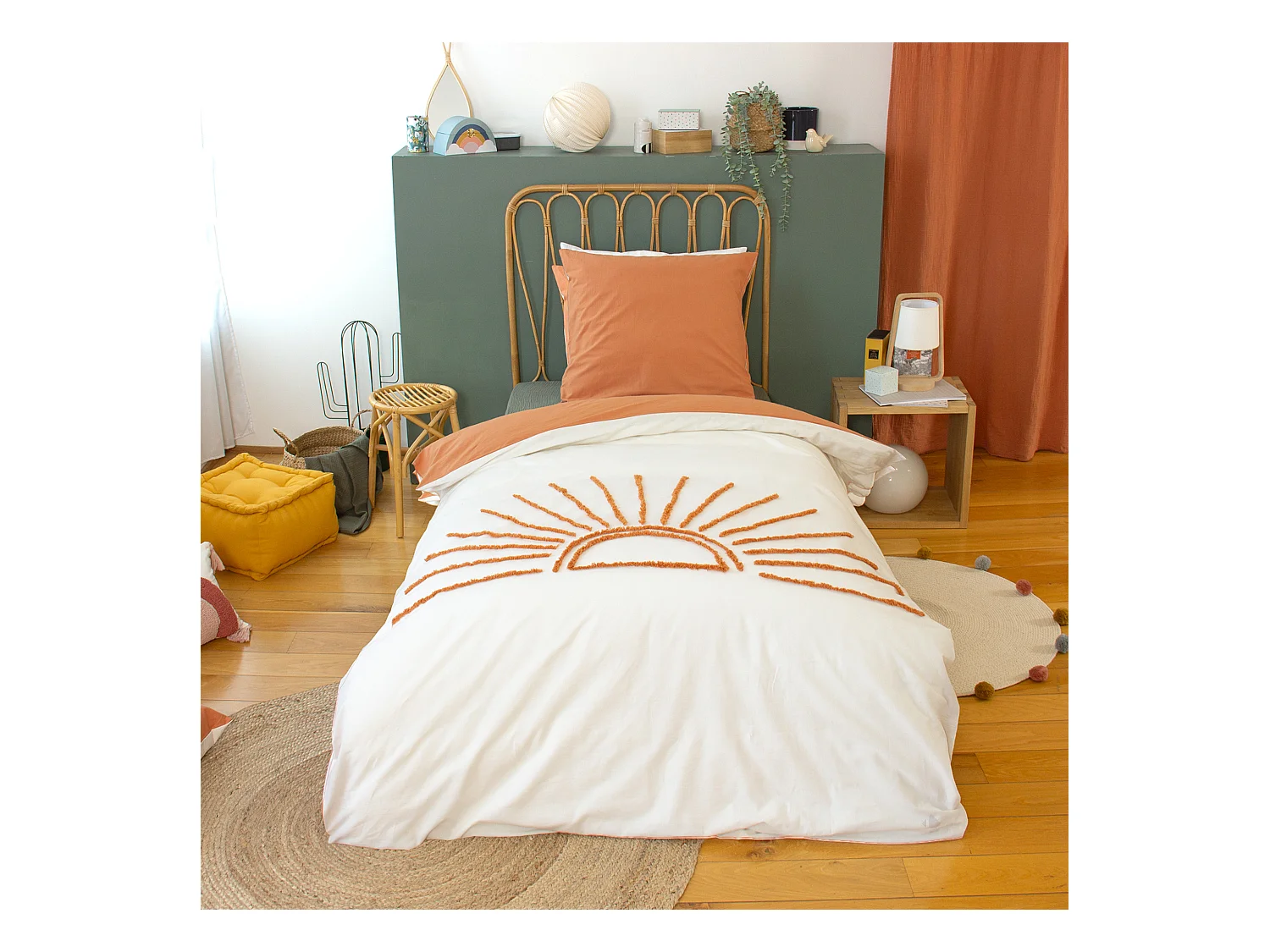 Parure de lit 2 pièces enfant SOLEZ 140x200 cm pur coton tufté blanc et orange