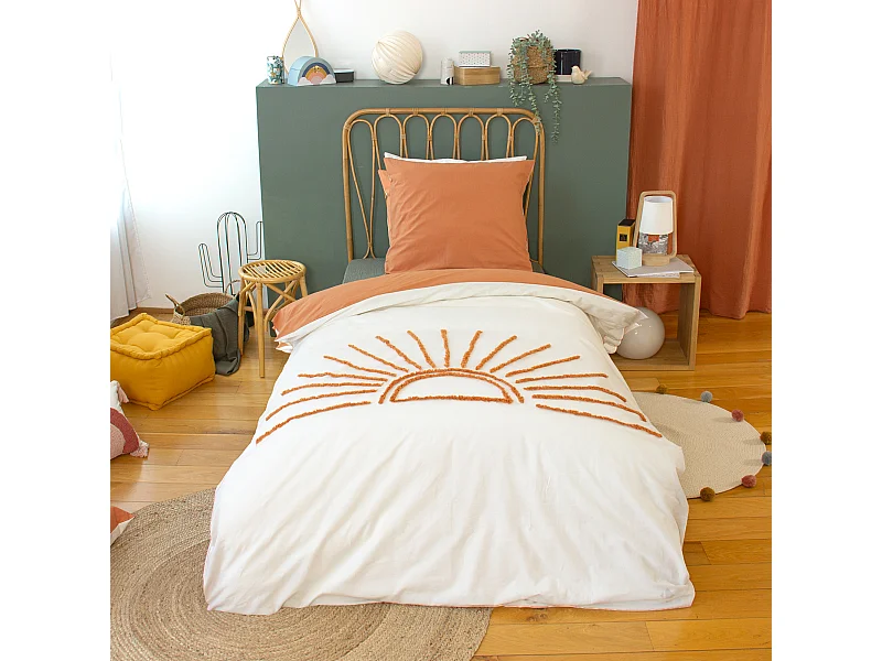Parure de lit 2 pièces enfant SOLEZ 140x200 cm pur coton tufté blanc et orange