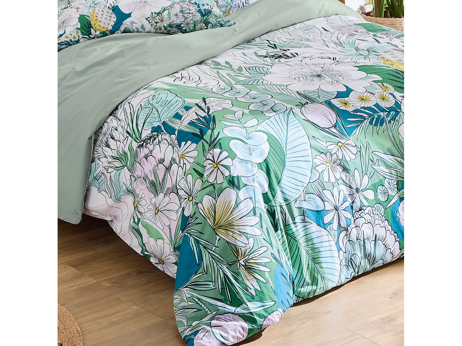 Housse de couette 300x240 cm percale de coton BALI motif floral vert