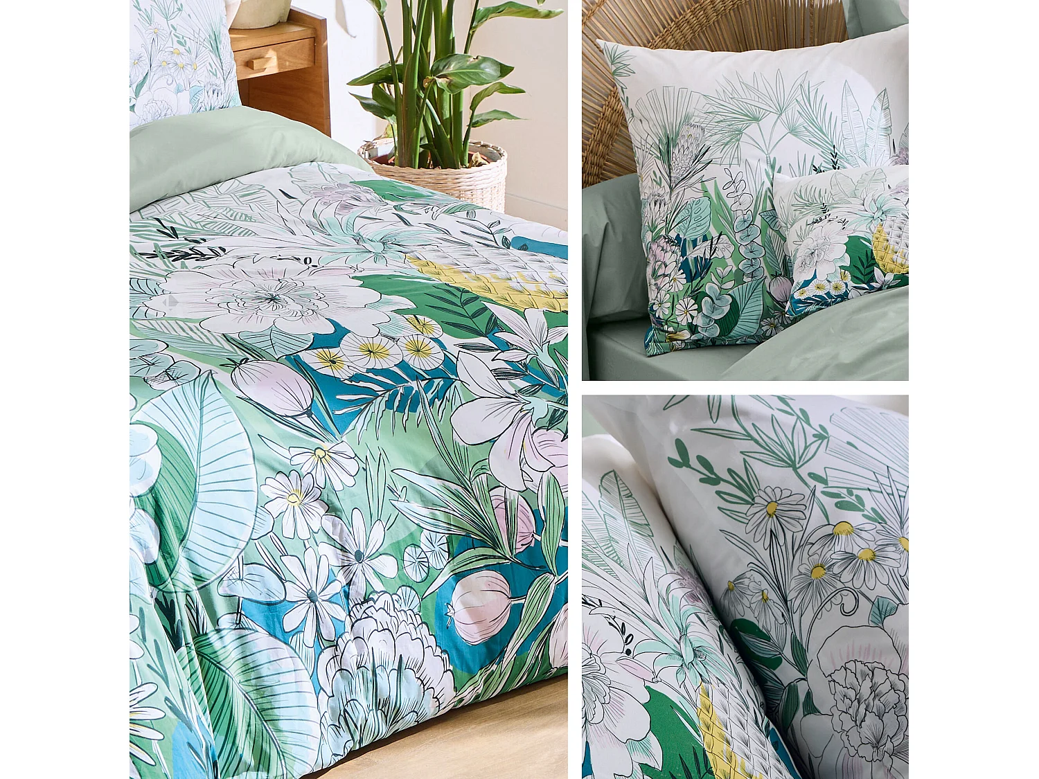 Housse de couette 240x220 cm percale de coton BALI motif floral vert