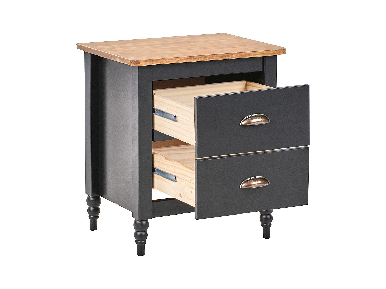 Comodino 2 cassetti SHILLINGTON Legno di pino Marrone/ Nero