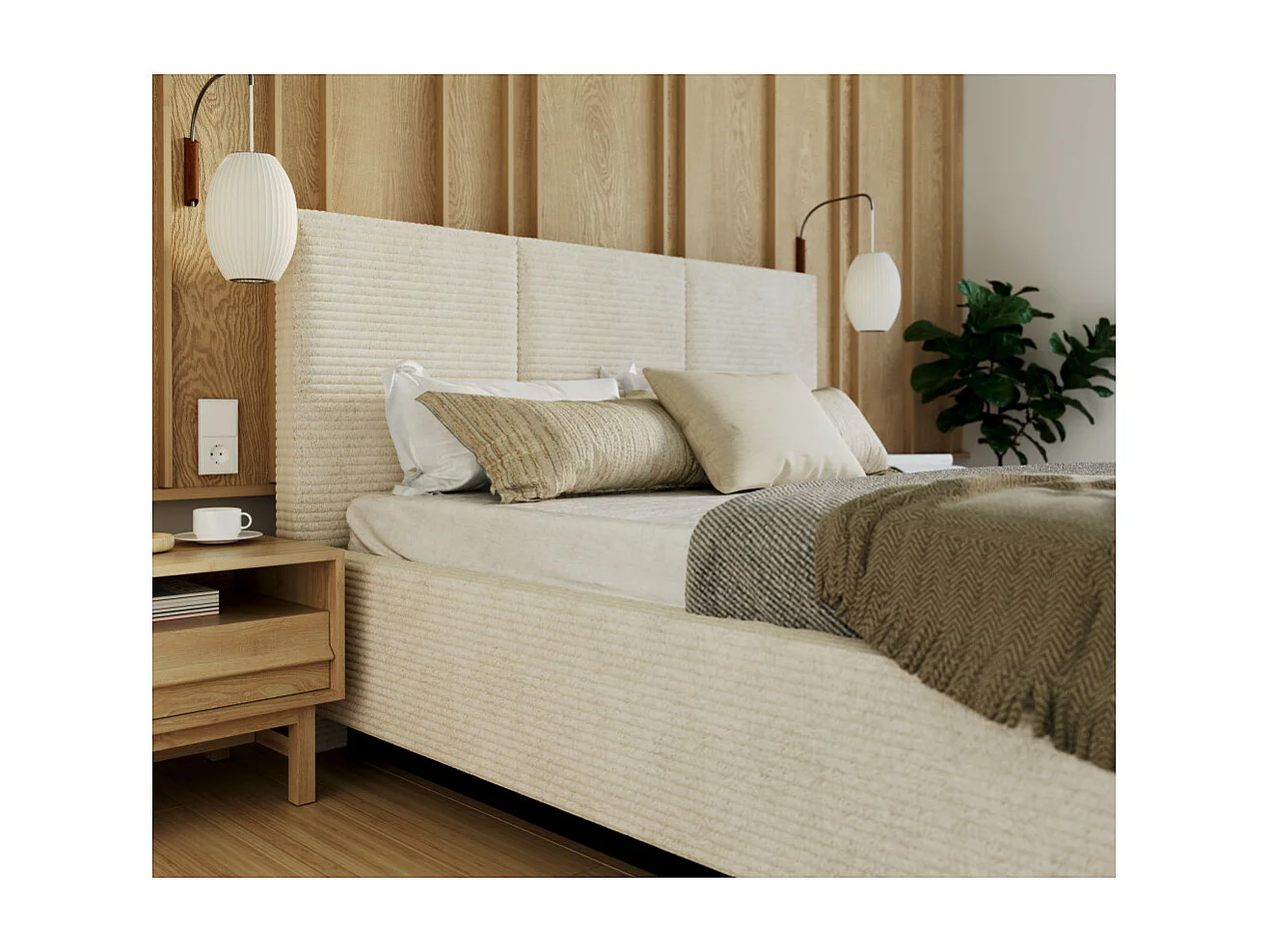 Lit coffre Aveiro velours côtelé 120 x 200 cm avec sommier à lattes relevable Crème