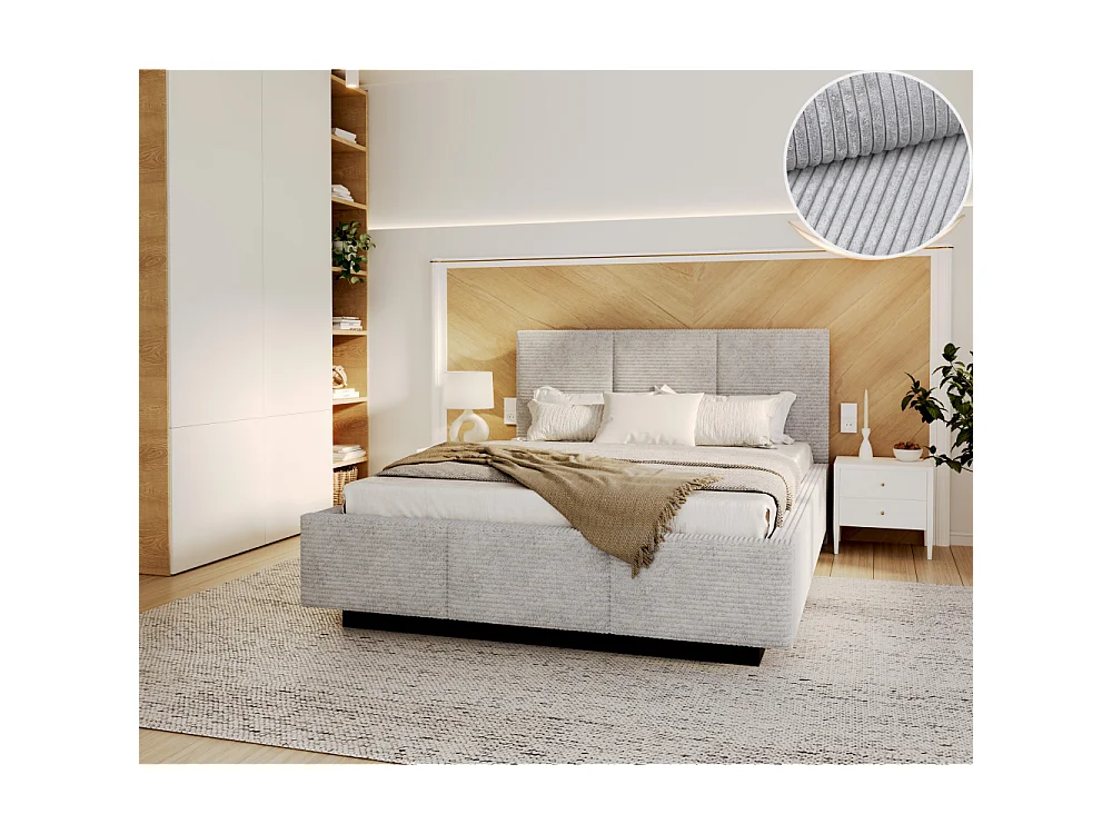 Lit coffre Aveiro velours côtelé 120 x 200 cm avec sommier à lattes relevable Gris Clair