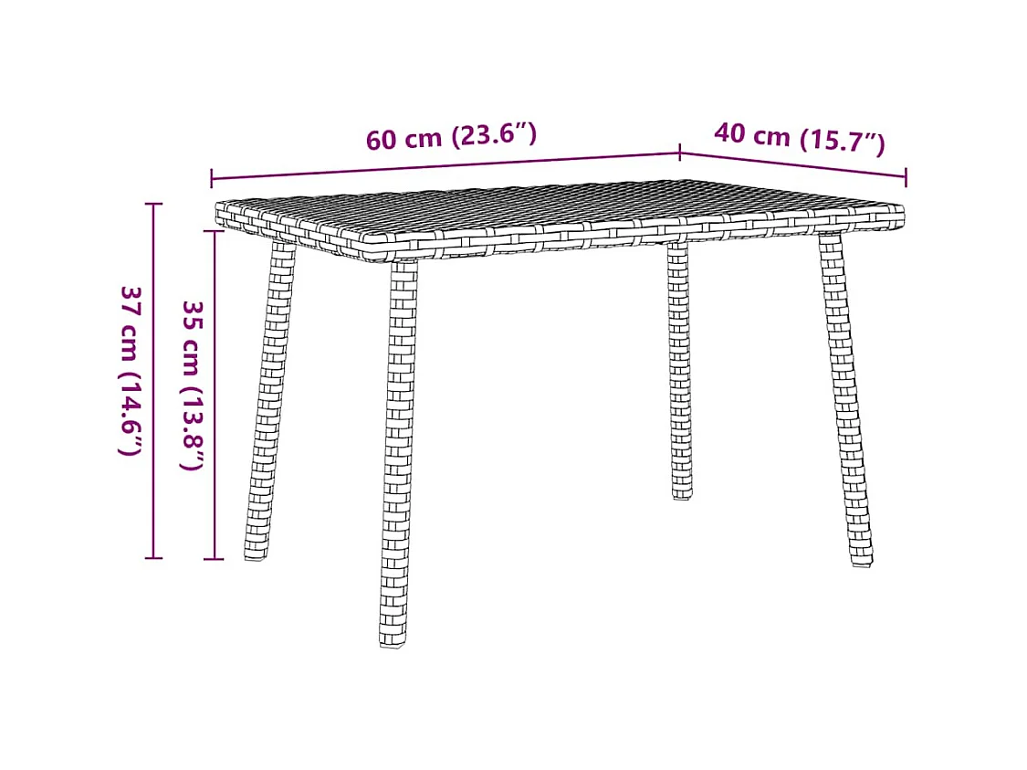 Table basse de jardin rectangulaire gris 60x40x37 cm rotin