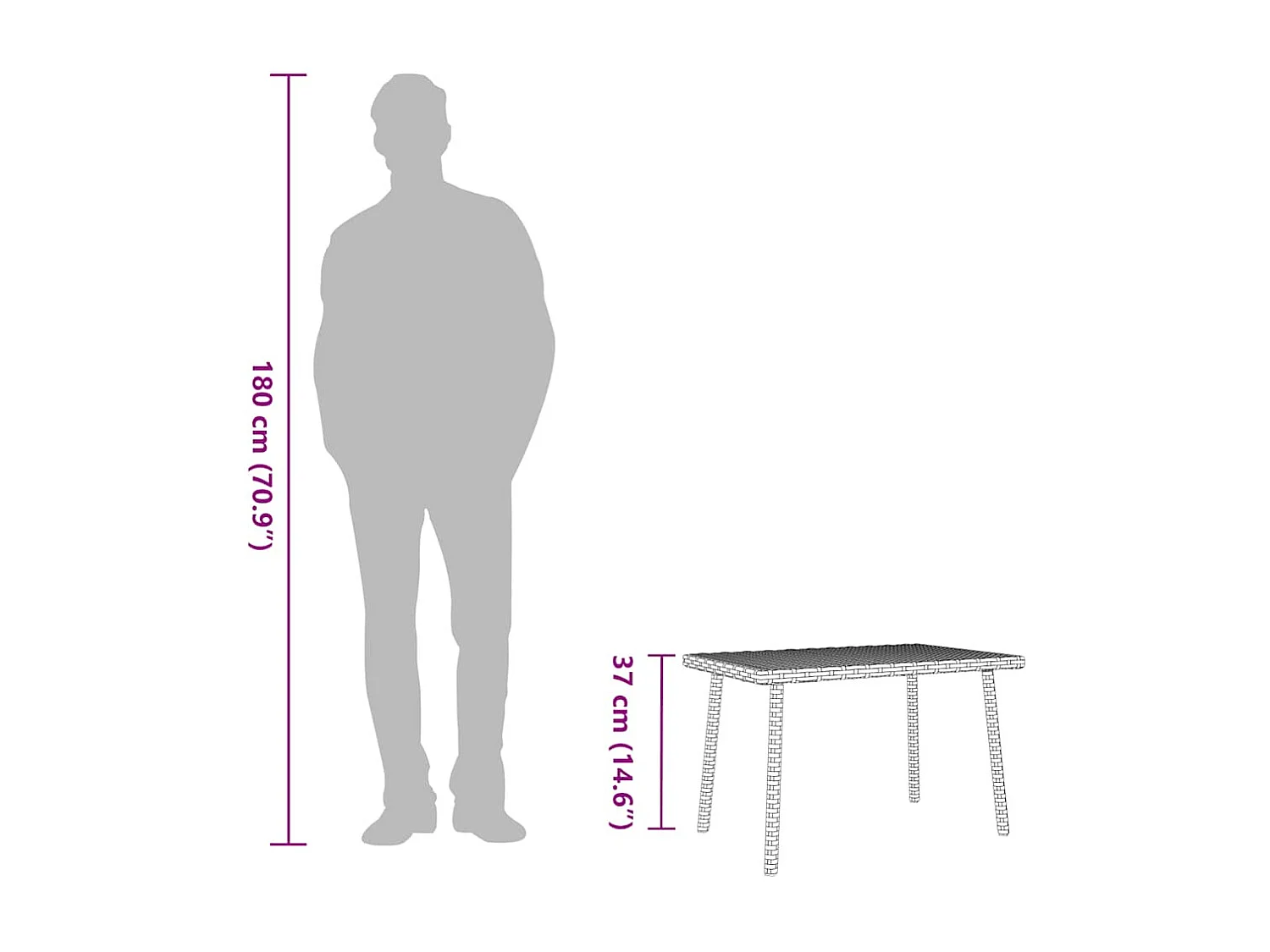 Table basse de jardin rectangulaire gris 60x40x37 cm rotin