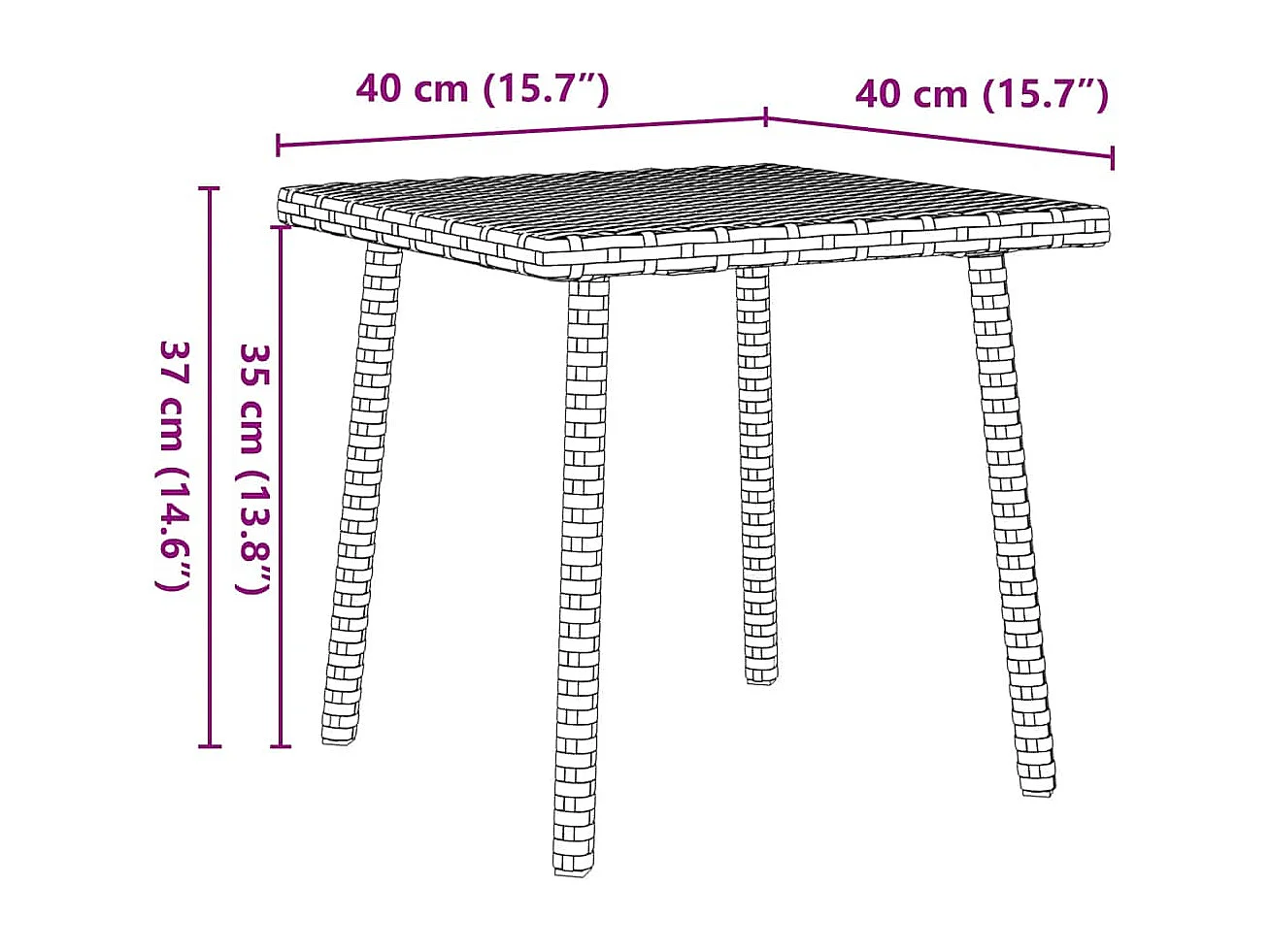 Mesa de centro de jardim retangular 40x40x37cm vime PE castanho