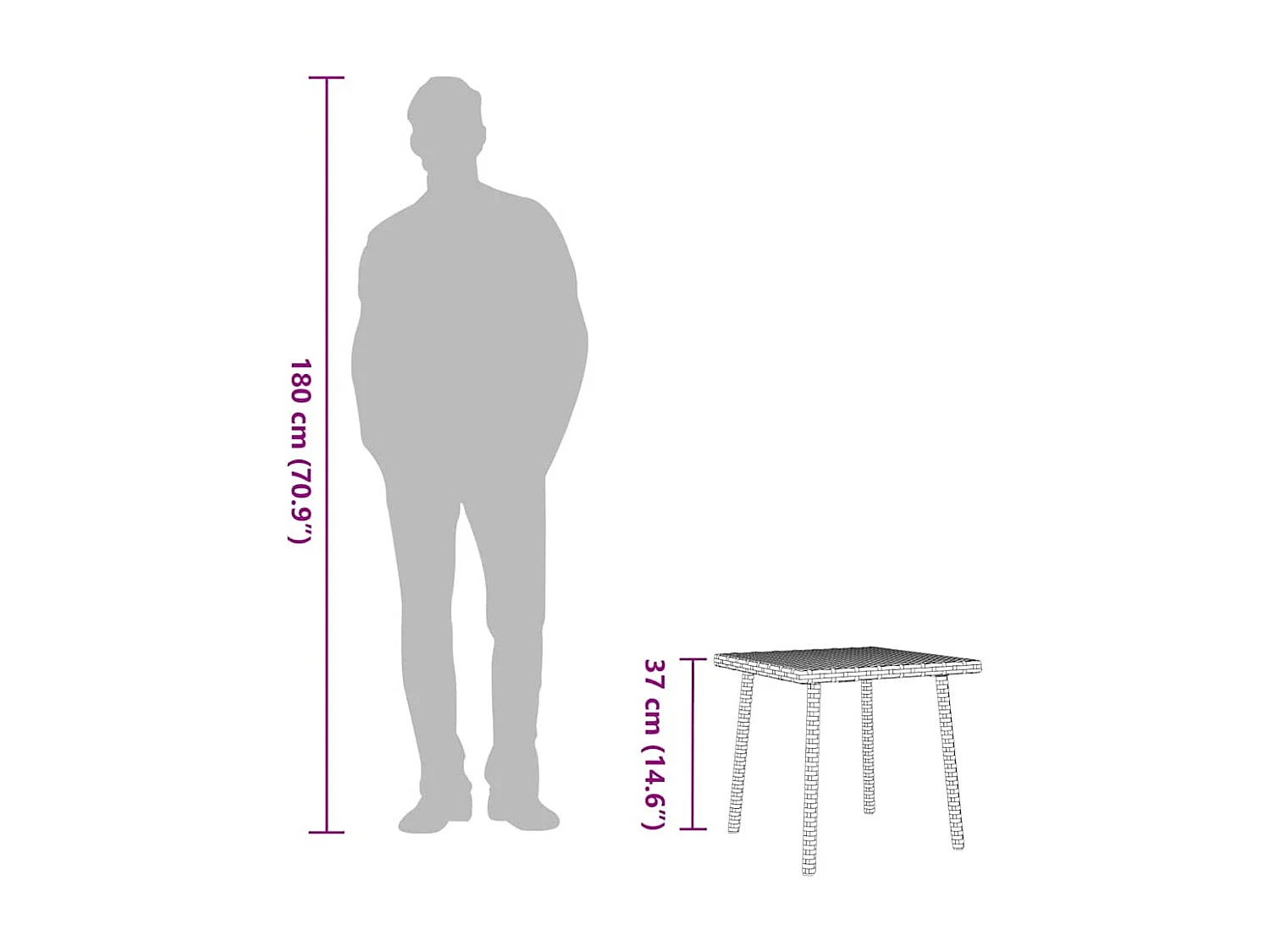 Mesa de centro de jardim retangular 40x40x37cm vime PE castanho