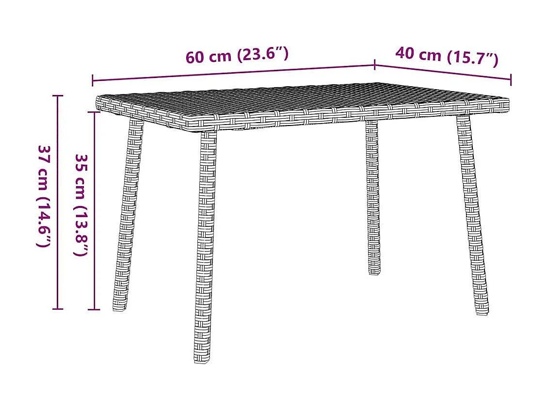 Mesa de centro de jardim retangular 60x40x37 cm vime PE