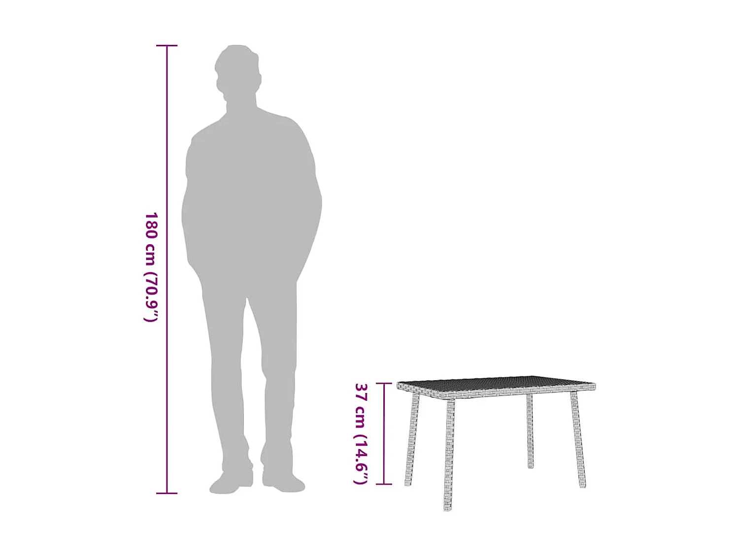 Mesa de centro de jardim retangular 60x40x37 cm vime PE