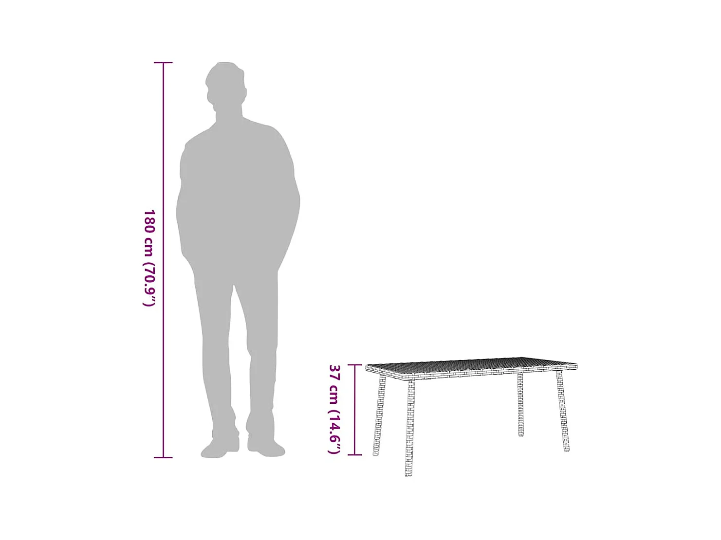 Table basse de jardin rectangulaire gris 80x40x37 cm rotin