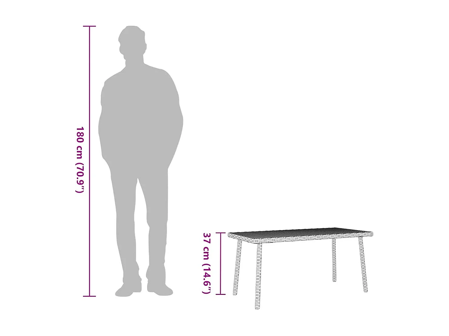 Table basse de jardin rectangulaire gris 80x40x37 cm rotin