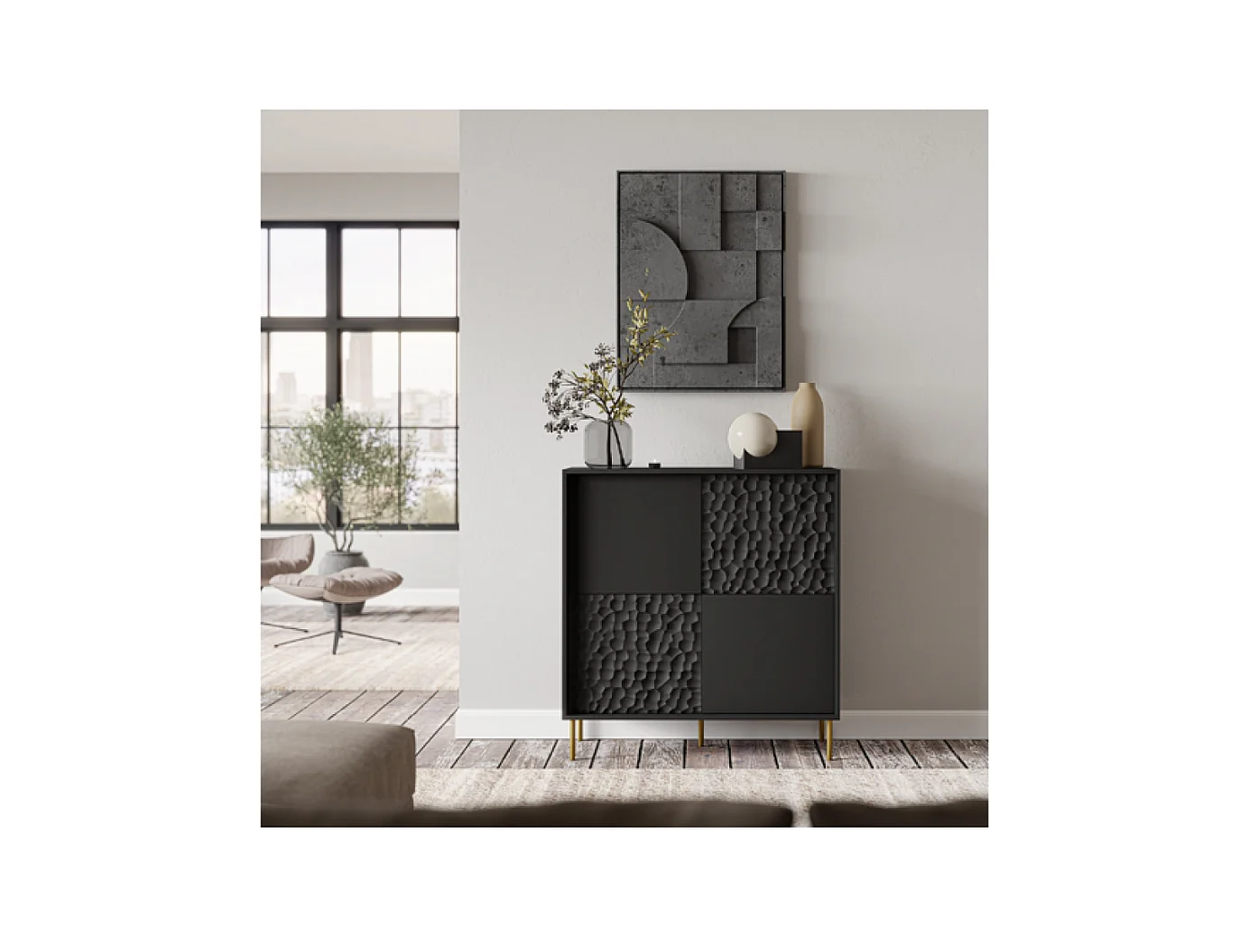 Buffet Noir Portes tournantes Assemblage complet requis Aggloméré