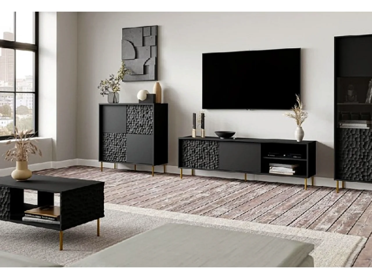 Buffet Noir Portes tournantes Assemblage complet requis Aggloméré