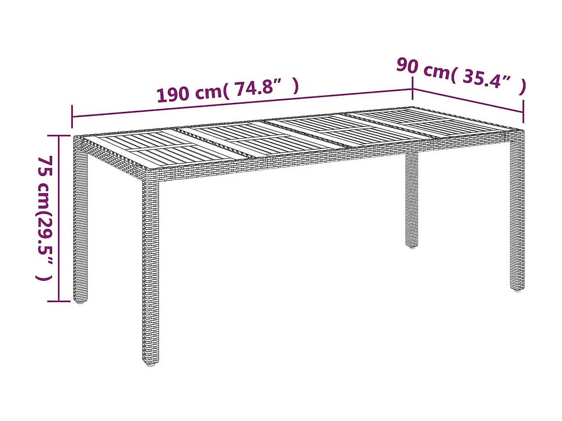 Table de jardin dessus en bois Gris 190x90x75 cm Résine tressée
