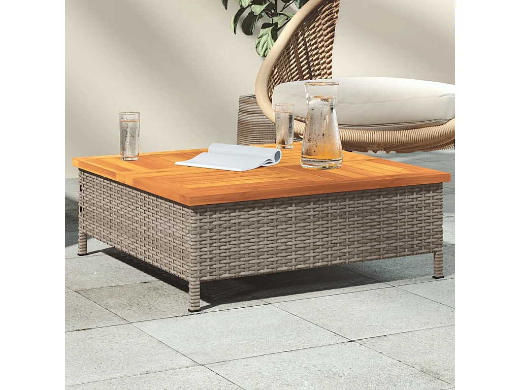Table de jardin gris 70x70x25 cm résine tressée et bois acacia