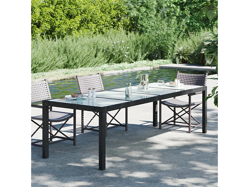 Table de jardin Noir 250x100x75 cm Verre trempé et poly rotin