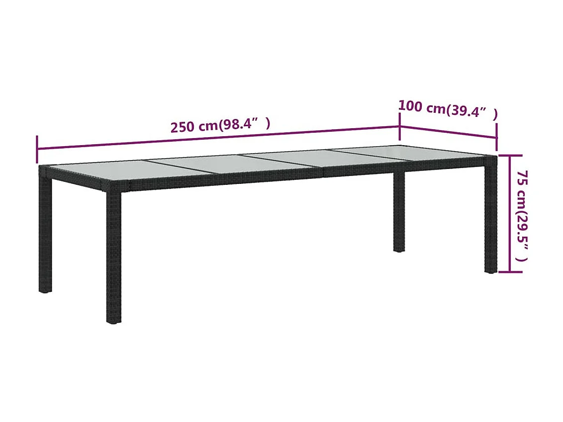 Table de jardin Noir 250x100x75 cm Verre trempé et poly rotin