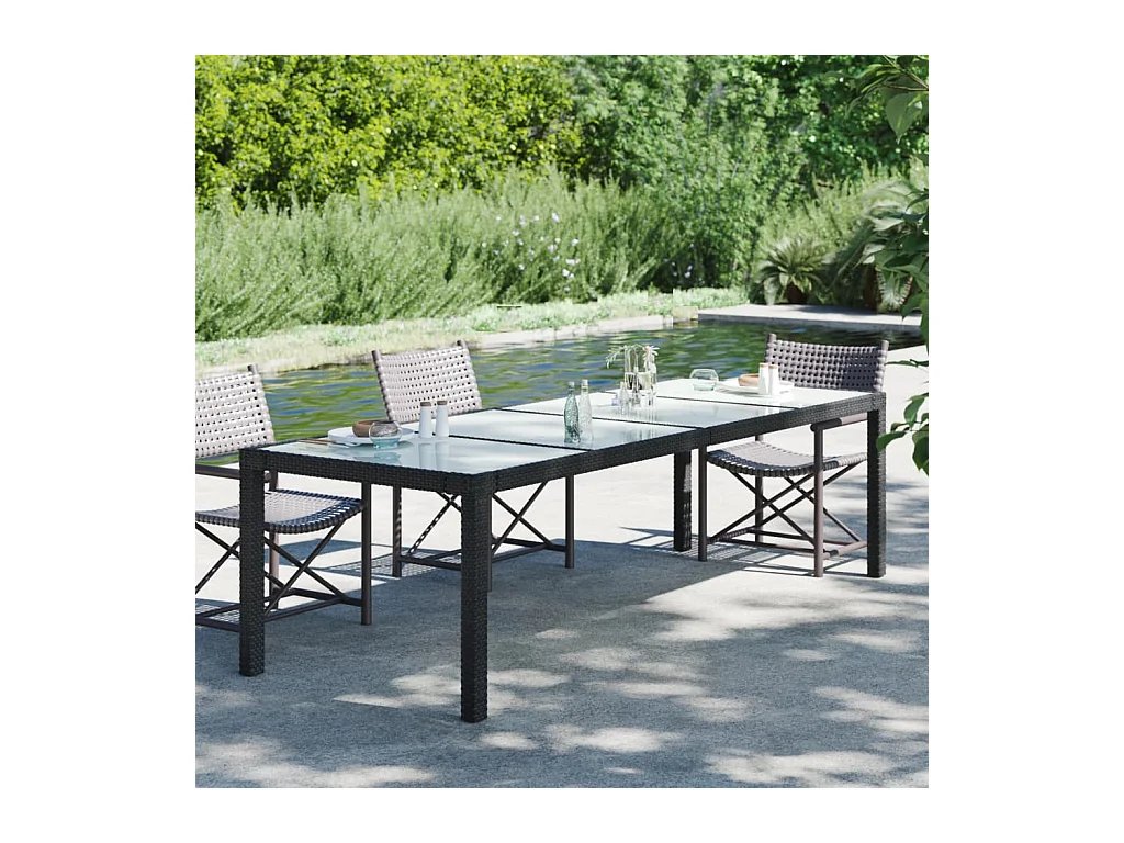 Table de jardin Noir 250x100x75 cm Verre trempé et poly rotin