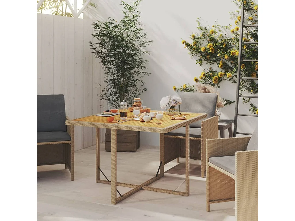 Mesa de jardim 109x107x74 cm vime PE e acácia maciça bege