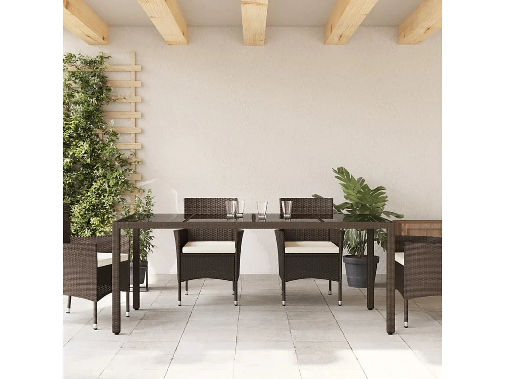 Mesa de jardín superficie de vidrio ratán PE marrón 190x90x75cm