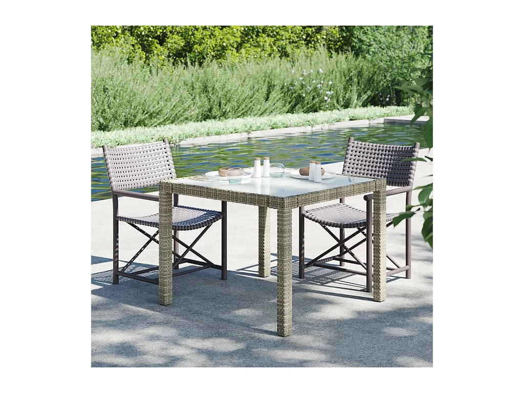 Table de jardin 90x90x75 cm Verre trempé et résine tressée Gris