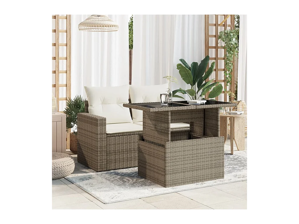 Table de jardin dessus en verre gris 100x55x73cm résine tressée