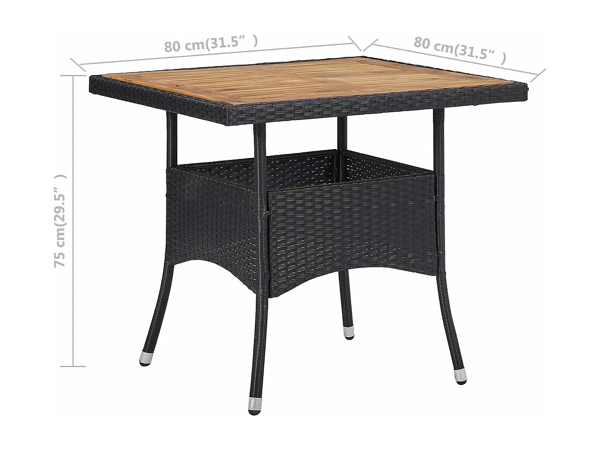 Mesa de jantar p/ exterior vime PE/madeira acácia maciça preto