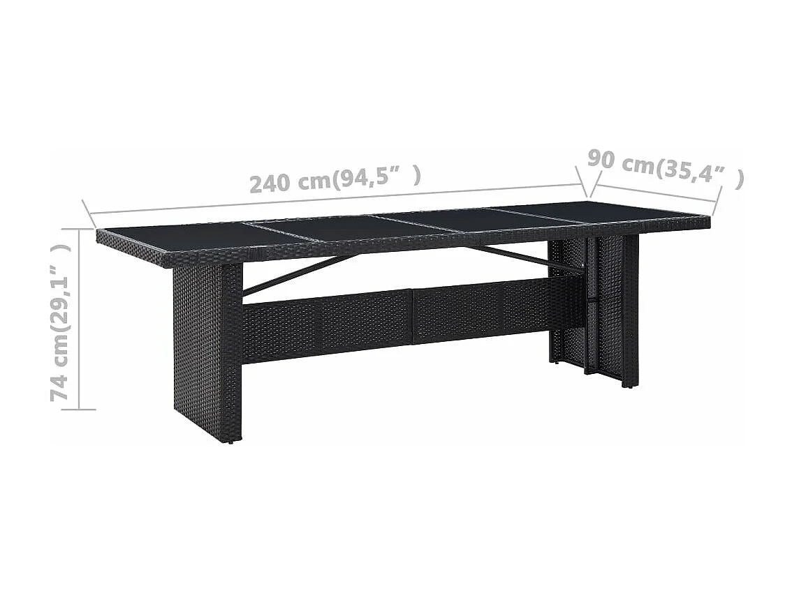 Table de jardin Noir 240x90x74 cm Résine tressée et verre