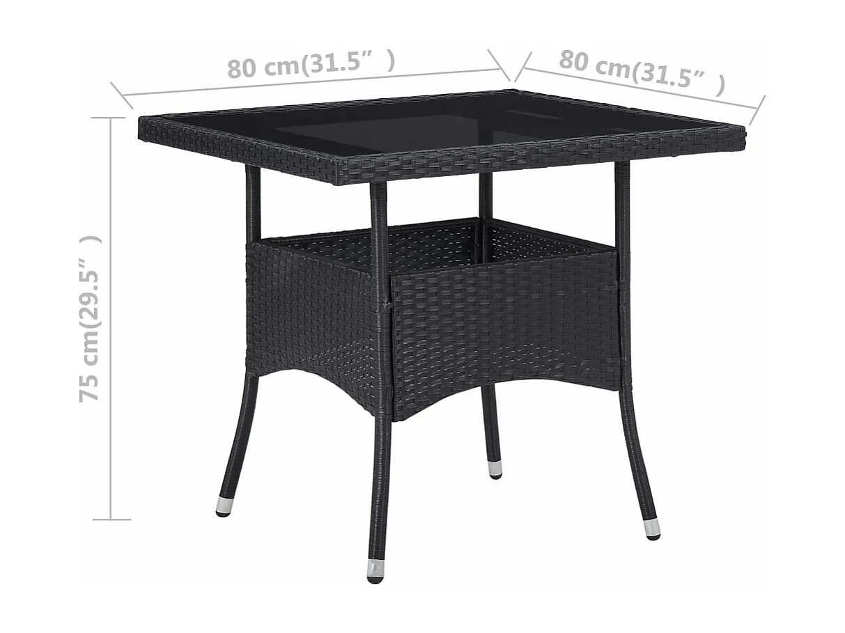 Table à manger d'extérieur Noir Résine tressée et verre