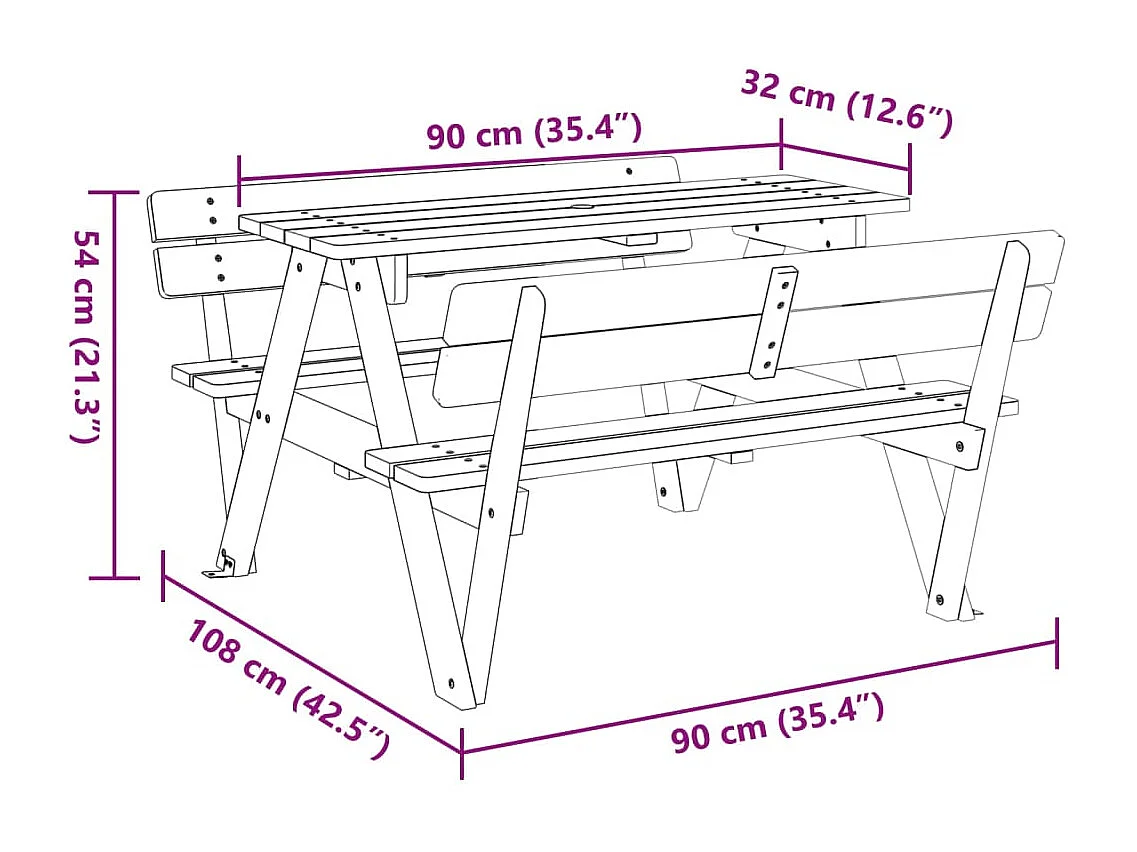 Table de pique-nique pour 4 enfants avec trou de parasol sapin