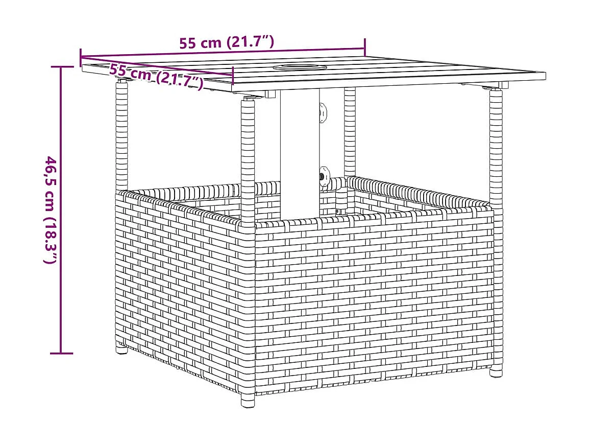 Table de jardin avec trou de parasol marron résine tressée