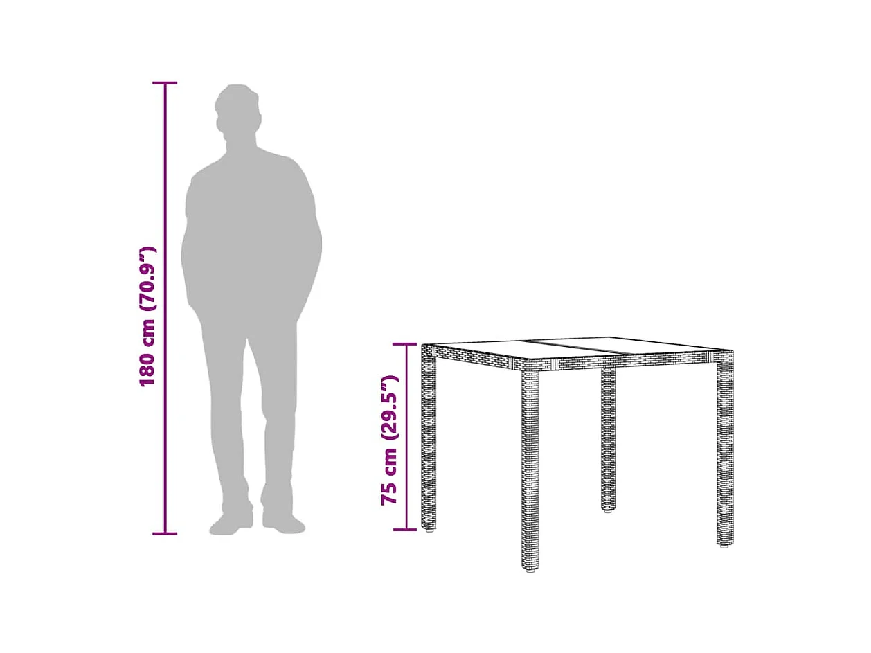 Table de jardin dessus en verre Noir 90x90x75 cm Résine tressée