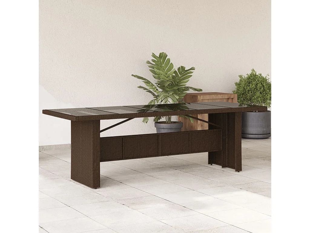 Tuintafel met glazen blad 240x90x75 cm poly rattan bruin