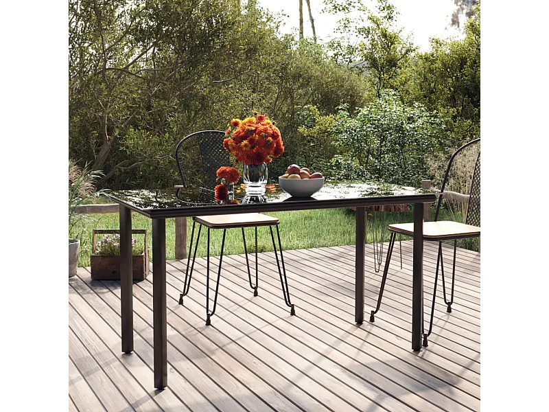 Table De Jardin 200x100x74cm Noir - Acier Et Verre Trempé - Pour Repas Extérieur, Terrasse